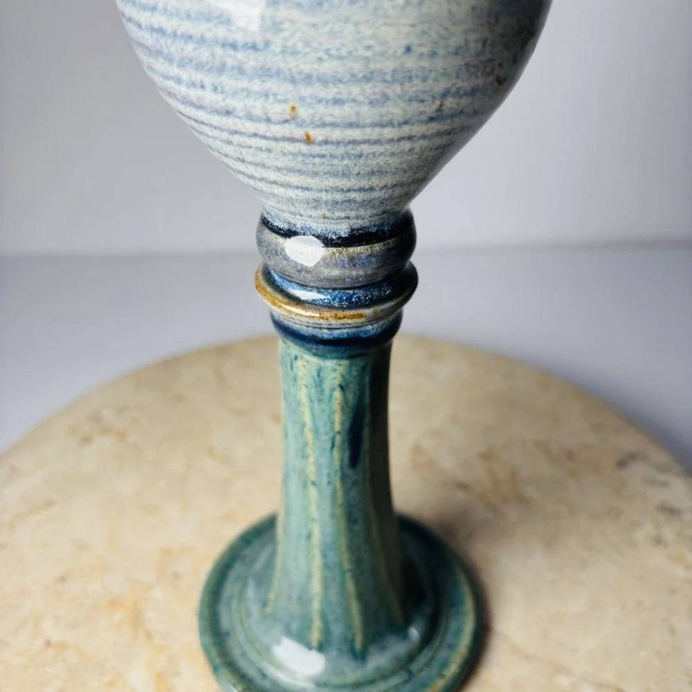 Handmade Pottery Candlestick Holder Blue Green Pillar Candles Goblet Style‎ Cup